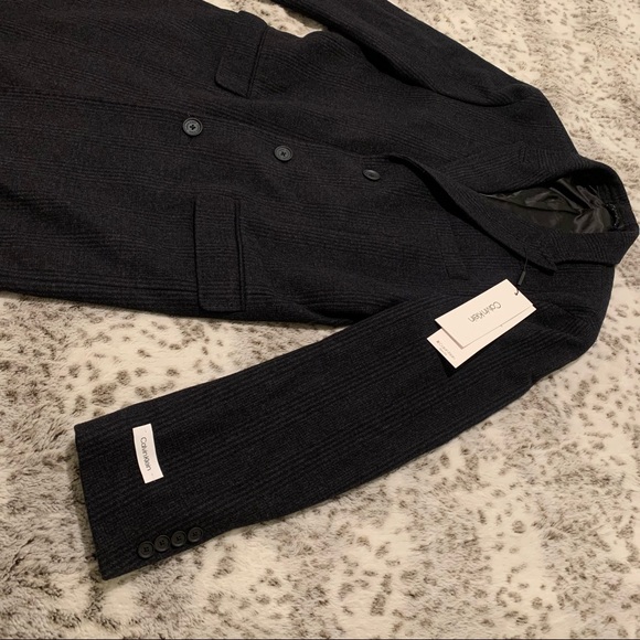 Calvin Klein Men's Malibu Slim-Fit Charcoal Plaid Overcoat - Picture 3 of 13